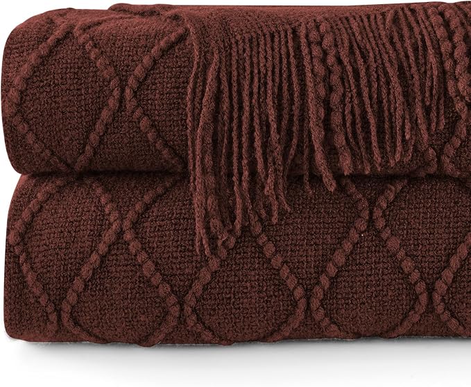 inhand Diamond Brown Knitted Throw Blanket for Couch and Bed, 50"x60" | Soft Cozy Knit Blanket with Tassel, Lightweight Decorative Blankets and Throws, Farmhouse Warm Woven for Men and Women