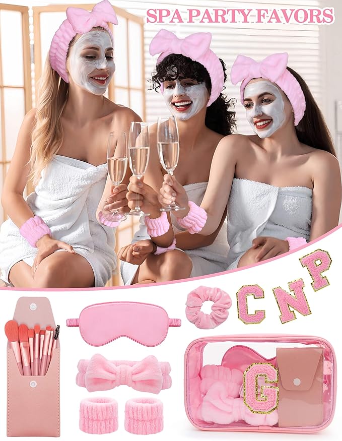 Gift Sets for Women, Initial Makeup Bag with Makeup Brush Set Bachelorette Party Favors, Pink Spa Kit with Skincare Headbands Wrist Bands Sleepover Party Supplies Gifts for Teen Girls Bridesmaid G