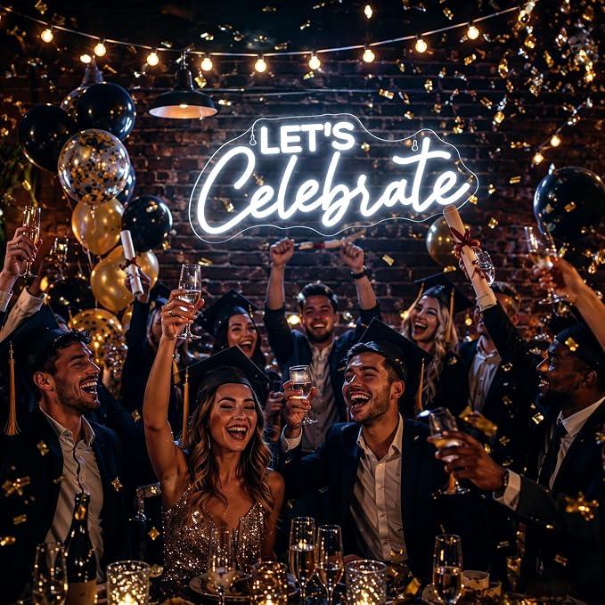 Neon Sign, Celebrate Neon Signs for Wall Decor LED Signs Neon Light | Let's Celebrate Neon Sign for Birthday, Party, Graduation, Wedding, Festival Backdrop Wall Decor, Home Decor, USB Powered