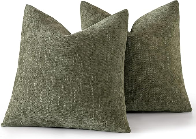 MIULEE Textured Chenille Throw Pillow Covers 20x20 Inch Olive Green | Pack of 2 Decorative Soft Throw Pillows, Solid Textured Cushion Covers, Modern Home Decor for Couch Sofa Bedroom Living Room