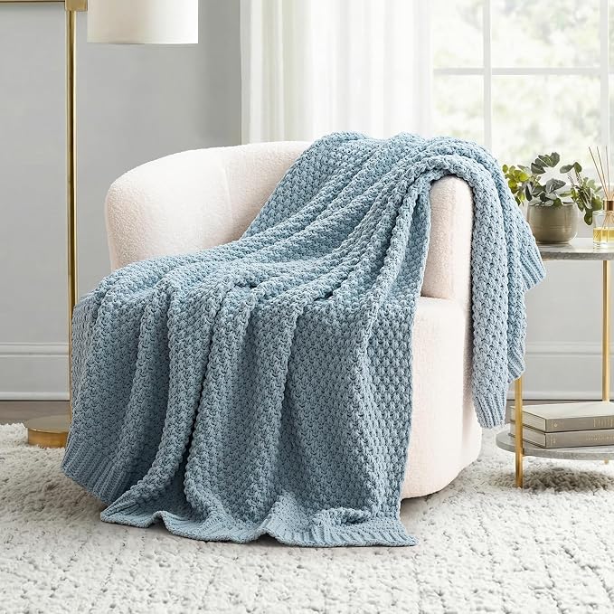 EVERGRACEHOME Chunky Chenille Knit Throw Blanket, 50 x 60, Chambray Blue | Sculpted Moss Stitch, Chic Modern Farmhouse, All-Season Warmth, OEKO-TEX® Certified, Elegant Blanket for Couch, Bed, Sofa