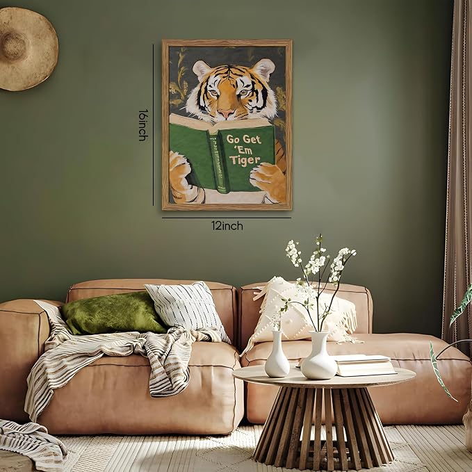 Framed Tiger Canvas Wall Art, Motivational Tigers Reading Poster Print, Humorous Bookworm Pictures Wall Decor, Vintage Go Get Em Tiger Painting for Office Library Bedroom Decor 12x16 inch