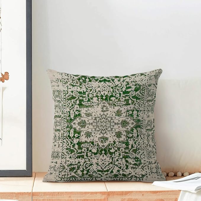 AEIOAE Boho Pillow Covers 18x18 Inch Set of 2,Sage Green Beige Carpet Pattern Throw Pillows Case,Ethnic Design Retro Outdoor Decorative Square Linen Farmhouse Decor Cushion Covers for Home Sofa Couch