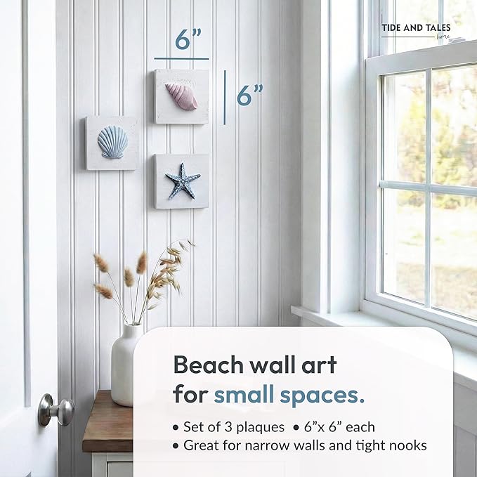 Tide and Tales 3D Beach Wall Art, Coastal Bathroom Wall Decor, Set of 3 | 6" x 6", Textured 3D Seashells Room Decor, Lightweight, Hand Painted, Beach Decorations for Home, Hanging Ready, Gift Boxed