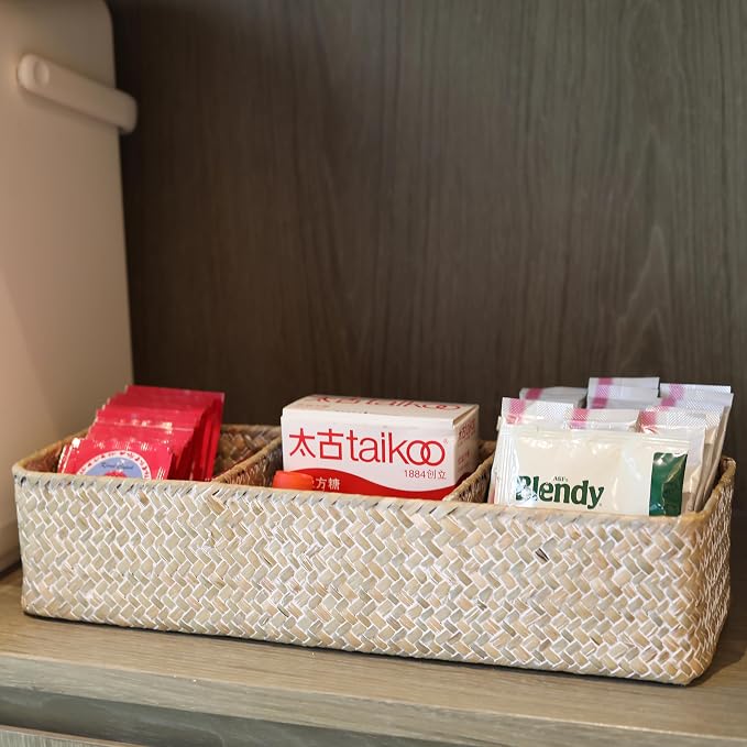 Seagrass Storage Basket 3 Sections Woven Shelf Baskets with Compartment (Whitewash, 14.6inch x 4.7inch x 3.1inch)