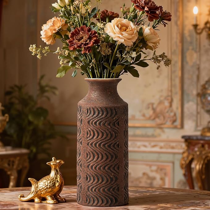 Rustic Ceramic Vase, 11 Inch Tall Vintage Flower Vase for Decor | Farmhouse Vase Adds Vintage Charm to Centerpieces, Tabletop, and Home Decor, Perfect for Christmas and Rustic Style Spaces