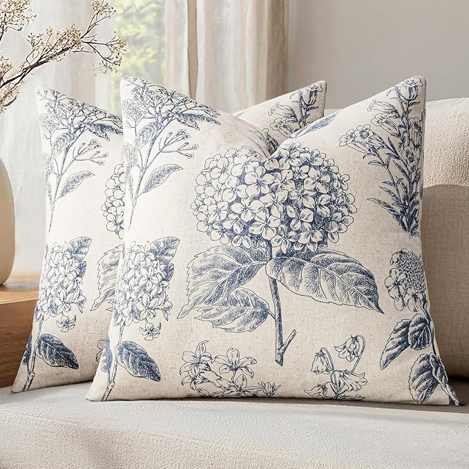Set of 2 Decorative Floral Pillow Covers 20x20 Inch Light Blue | Neutral Hydrangea Print, Boho Vintage Throw Cushion Covers, Cottagecore Home Decor, for Sofa Couch Porch Bedroom Living Room