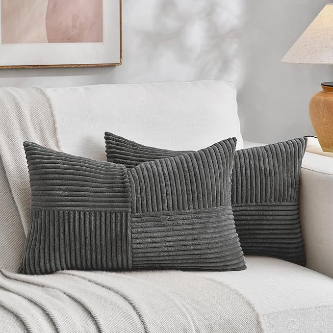 Fancy Homi Dark Gray Lumbar Decorative Throw Pillow Covers 12x20 Inch for Living Room Couch Bed Sofa, Farmhouse Home Decor, Soft Striped Corduroy Rectangle Accent Cushion Case 30x50 cm