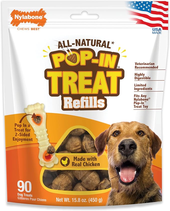 Nylabone Pop-in Treat Toy Chicken Dog Treat Refills, 90 Count | Made with real chicken, fits any Nylabone Pop-In Treat Toy, all-natural dog treats, highly digestible, limited ingredients