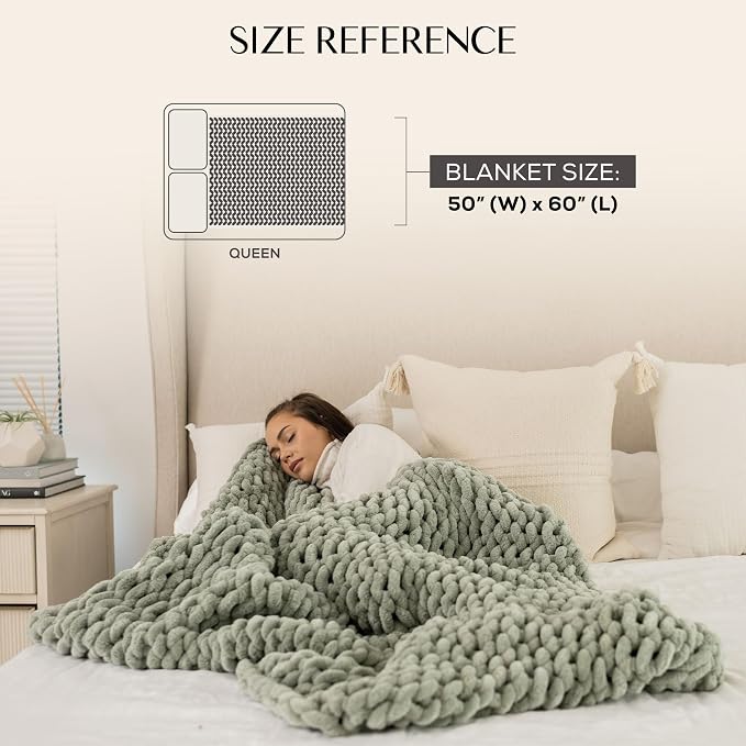 SAMIAH LUXE Chunky Knit Throw Blanket 50x60, Sage Green Chenille Throw Blanket for Couch Bed Sofa, Soft Fluffy Cable Knit Blanket, Oeko-TEX Certified, Machine Washable