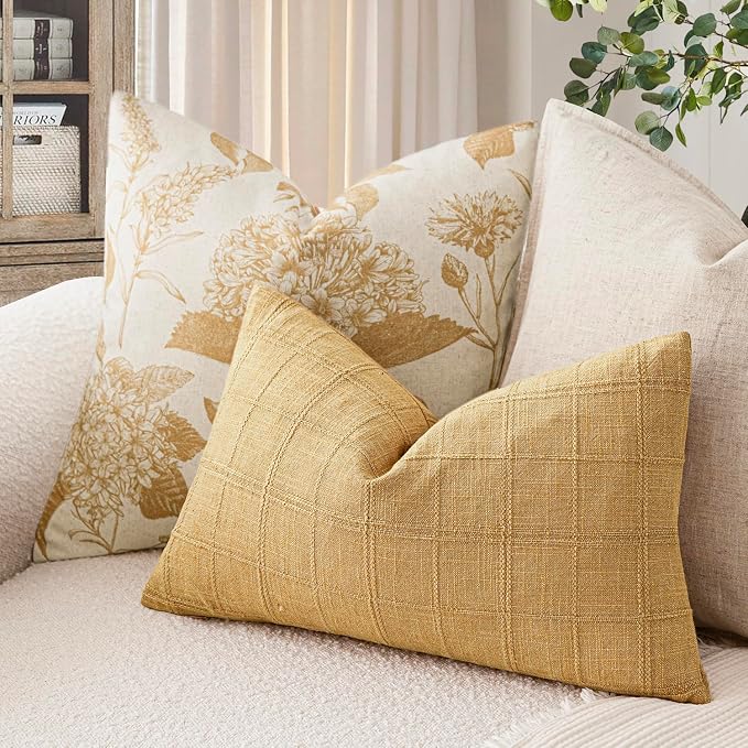 Foindtower Set of 2 Decorative Linen Check Throw Pillow Covers Neutral Farmhouse Lumbar Cushion Covers Modern Boho Accent Home Decor for Sofa Chair Couch Bedroom Living Room,12×20 Inch,Amber Gold