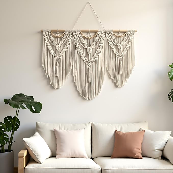 large macrame wall hanging - Boho Tapestry Macrame Wall Decor Art- Chic Bohemian Handmade Woven Tapestry Home Decoration for Bedroom Living Room Apartment Wedding Party - 43"x32" (Wood bead-A)