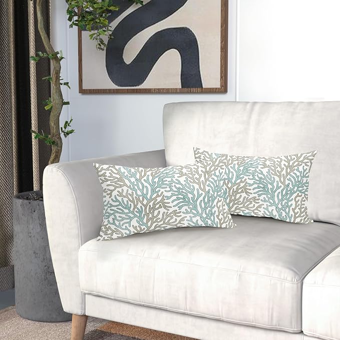 Nautical Coastal Coral Teal Tan White Lumbar Pillow Covers 12x20 Inch Set of 2 Brown Summer Ocean Themed Beach Pillow Cases Outdoor Linen Square Cushion Cover Farmhouse Decor for Home Sofa Couch Bed