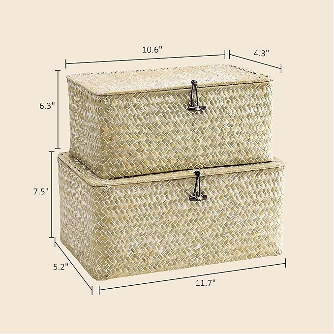 Nonam Storage Basket with Lid, Natural Seagrass Bin with Lid Set of 2, Shelf Baskets Multipurpose Container for Boho Decoration, Rectangular Household Storage Boxes for Home Organization-White