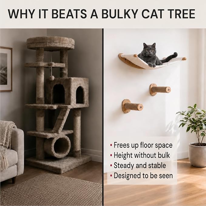 Cat Wall Hammock with 2 Steps for Large Cats | Complete cat wall shelves set with a roomy 21-inch wall mounted cat hammock, removable cushion and 2 sturdy climbing steps