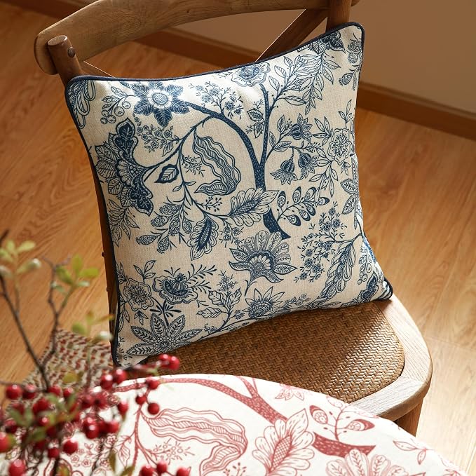 Designer Linen Square Throw Pillow Cover,Set of 2,18"x18"-Ruyi B | Vintage French Elegant Pillow Cover,Concealed Zipper Design,Blue Floral Pattern,Sofa,Bedroom,Living Room,Lounge Chairs