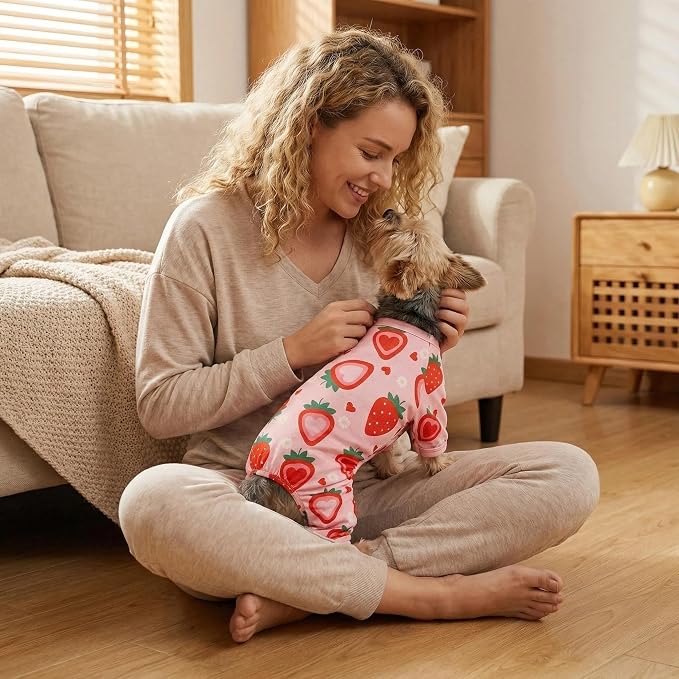 Dog Pajamas Spring Summer Dog Clothes for Small Medium Dogs Strawberry Print Girl Boy Cute Soft Puppy Pjs Clothes Doggie Onesies Cat Pet Jammies Outfit(Strawberry,S)