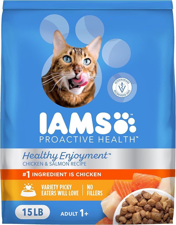 IAMS Healthy Enjoyment Dry Cat Food, Chicken & Salmon Recipe, 15 lb | Vet-recommended, Real Chicken #1 ingredient, Natural fiber & prebiotics, Supports Immune & Digestive Health, Muscle Care