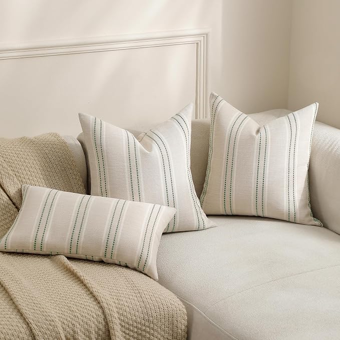 Hckot Throw Pillow Covers 12x20 Set of 2 Striped Pillow Covers Textured Linen Decorative Pillows Lumbar Cushion Covers for Sofa Couch Bed Living Room Farmhouse Decor, Sage Green