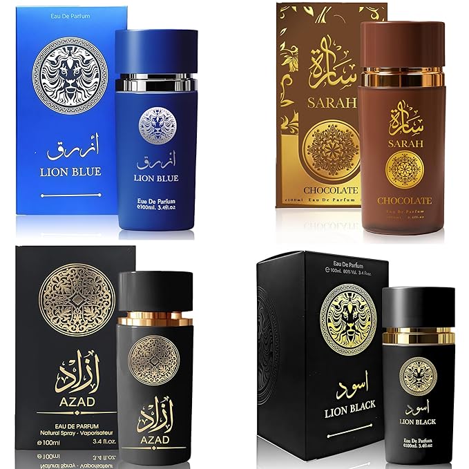 A CENTER Men's Cologne Gift Set 4 Pack(Lion Black,Lion Blue,AZAD,Sarah Chocolate) - 3.4 Fl Oz Each | Vanilla Bourbon, Leather & Amber Floral Fragrance | Luxury Eau de Toilette
