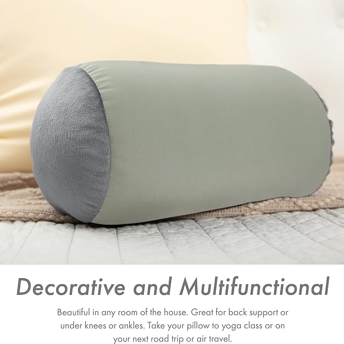 PILLOWY Microbead Bolster Neck Roll Pillow, Gently On Body, Head, Neck & Shoulders No Pain Rest, Relax Sleep - Silky Feel Prevent Wrinkles & Hair Breakage - Lightweight Cylinder, 14" x 8", Mint Grey