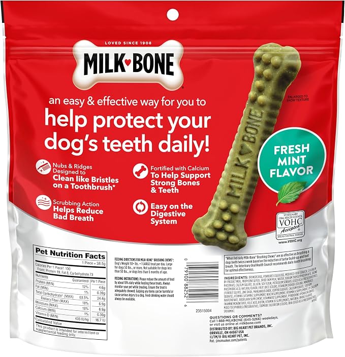 Milk-Bone Brushing Chews, Large, Fresh Flavor, 18 Dental Treats | 24.2-oz. bag, Daily dental dog treats, For dogs 50+ lbs., Fresh mint flavor