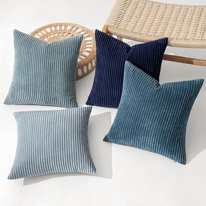MIULEE Soft Corduroy Decorative Throw Pillow Covers Blue Navy Series 24x24 | Set of 4, Modern Nordic Coastal Decor, Classic Blue Palette, Boho Farmhouse Cushion Covers for Couch Bed Sofa Living Room