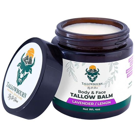 Dr. Dave's Primal Essence Grass Fed Beef Tallow Balm for Face and Body with Shea Butter, Organic Jojoba Oil, Honey, and Beeswax – Beef Tallow for Skin – Lavender and Lemon – 4 oz