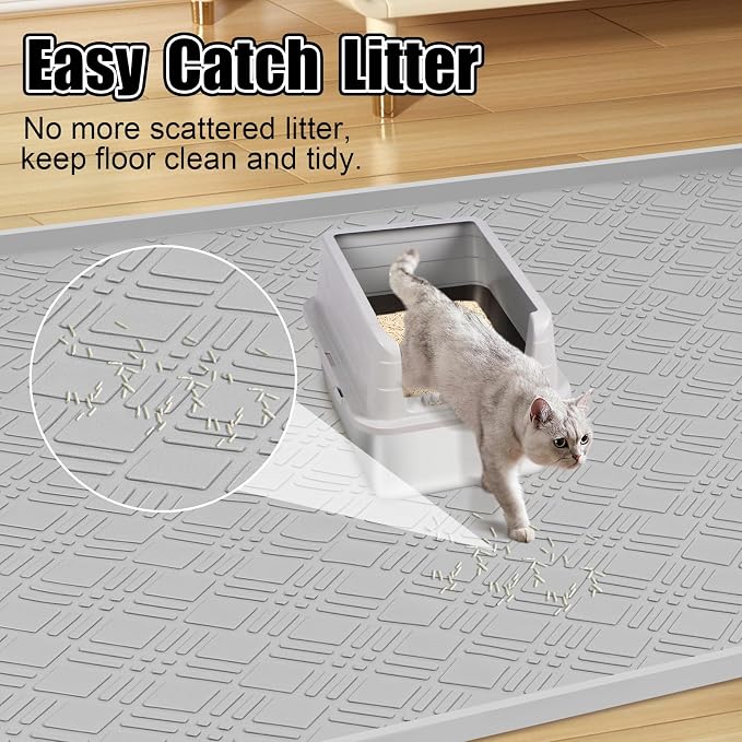 Silicone Cat Litter Mat 42" x 29" Cat Mat for Litter Box, Light Grey | Extra Large Cat Litter Trapping Mat for Floor, Waterproof, Non-Slip Kitty Litter Box Mat with Raised Edge, Easy to Clean