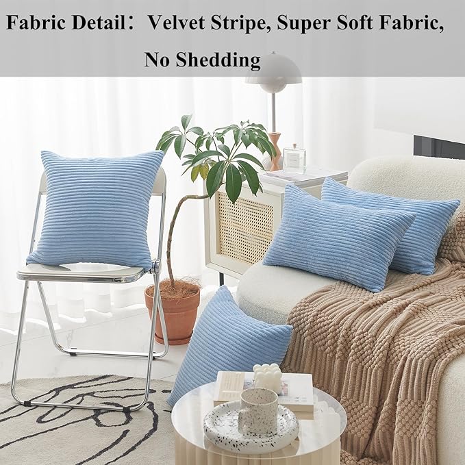 Home Brilliant Blue Throw Pillow for Couch Stripe Velvet Corduroy Euro Sham 24 x 24 Throw Pillow Cover for Sofa, 24 x 24 inch (60cm), Baby Boy Blue