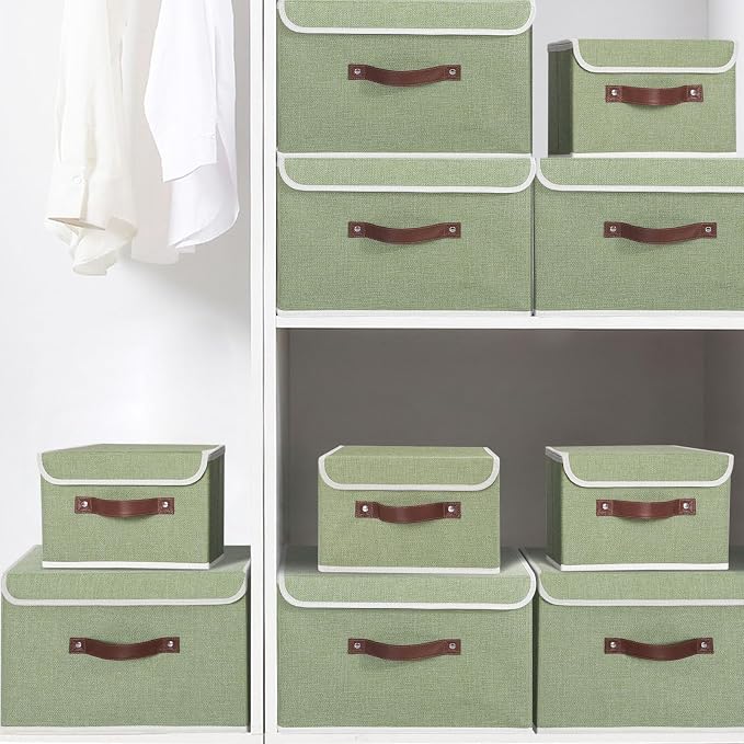 ANMINY Fabric Storage Box Bins with Lids, Green, 13"x9"x7.9" | Keepsake Memory Storage, Cotton Linen, PP Board Reinforced, Washable, PU Handles, Foldable & Stackable, Decorative, Medium