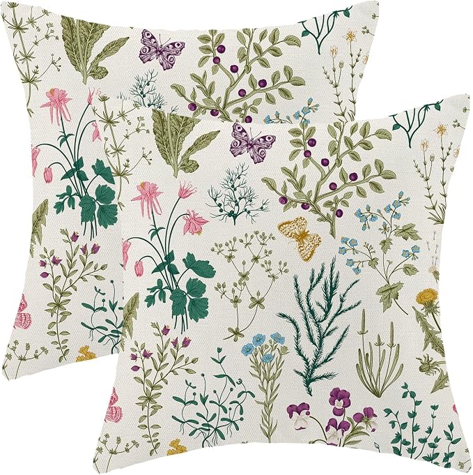 AEIOAE Spring Pillow Covers 22x22 Inch Set of 2,Sage Green Teal Wild Flower Plant Throw Pillows Case,Seasonal Floral Outdoor Decorative Linen Farmhouse Decor Cushion Covers for Home Sofa Bed Couch