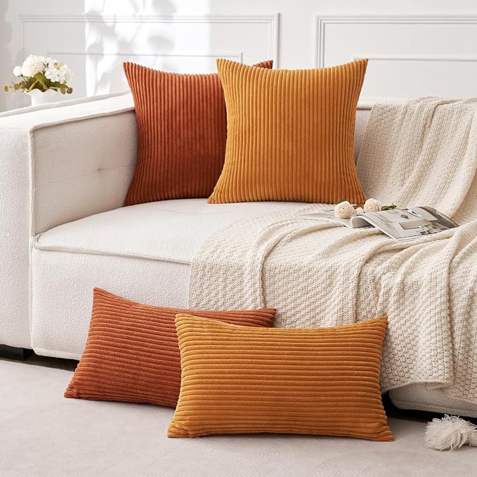 MIULEE Fall Soft Corduroy Throw Pillow Covers Set of 2 16x16 Burnt Orange | Decorative Striped Textured Cushion Cases, Boho Rustic Square Pillowcases, Home Decor for Couch Chair Sofa Bed Living Room
