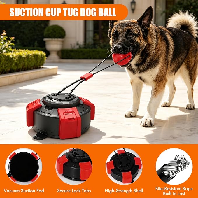 Suction Cup Dog Tug of War Toy for Aggressive Chewers, Interactive Self Play Chew, Puppy Teething Enrichment Puzzle for Mental Stimulation, Dogs Indoor Outdoor (red)