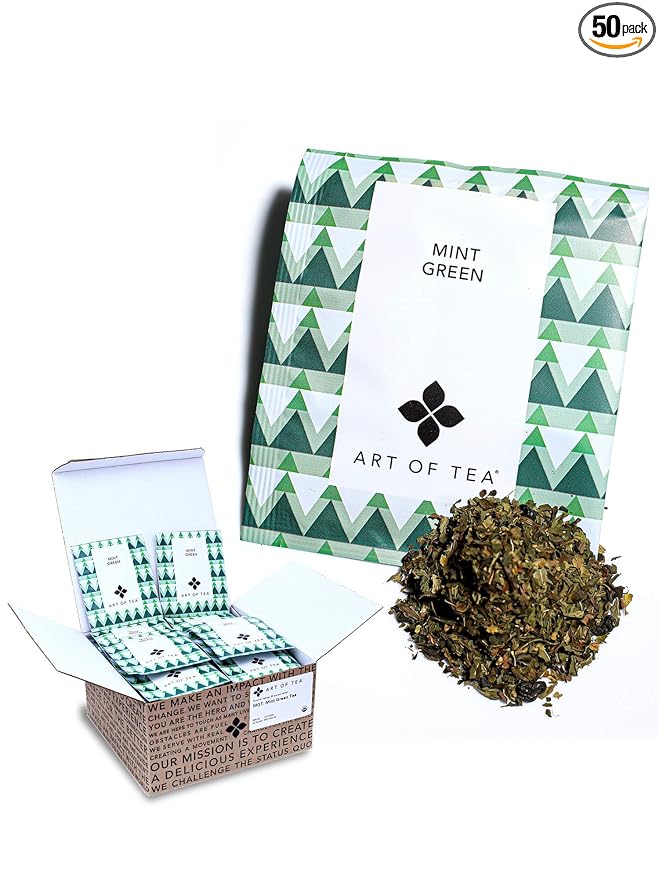 Art of Tea Organic Mint Green Tea Bags, 50 Count Premium Pyramid Sachets, Refreshing Green Tea with Peppermint & Spearmint, Smooth Caffeinated Tea for Hot or Iced Tea