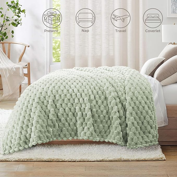 Whale Flotilla Soft Fleece King Size Bed Blanket 3D Jacquard, Sage Green | Lightweight Breathable Coverlet Bedspread for All Seasons, Super Cozy Plush Fluffy Fuzzy Decorative Blanket for Bed, 90"x104"