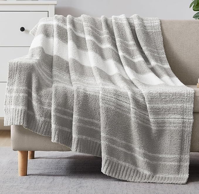 Soft Throw Blanket for Couch-Cozy Reversible Knitted Blankets | Lightweight Warm Fluffy Decor for Women, Mom, Her & Girls, Sofa, Chair, Bed, 50x70in,Grey Stripe