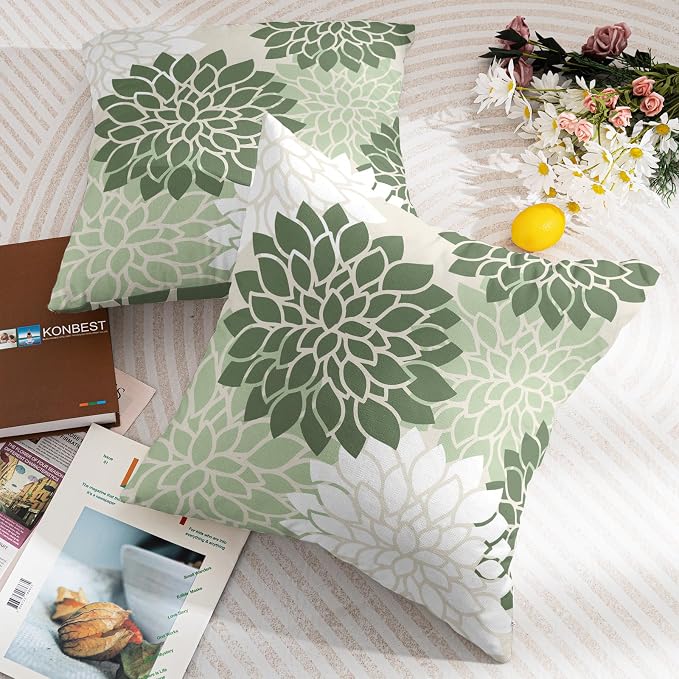 Sage Green White Floral Pillow Covers 20X20 Inch Set of 2 Geometric Dahlia Flower Decorative Pillow Cases Modern Cotton Linen Cushion Case Farmhouse Home Decor for Sofa Couch Bedroom