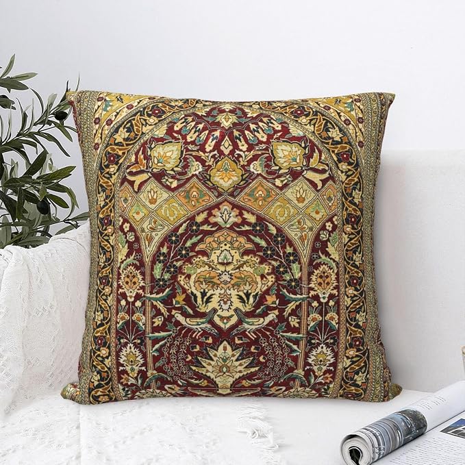 Hereke Turkish Antique Silk Rug Print Pillow Covers Decorative Square Throw Pillowcase 18x18 Inch Couch Cushion Cover for Home Decor Living Room Bedroom College Dorm Bed Car Sofa