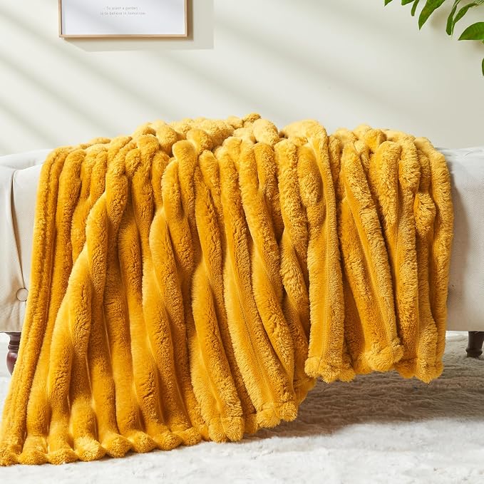 NEWCOSPLAY Fleece Ribbed Cozy Throw Blanket for Couch, Yellow, 50"x60" | Premium Silky Flannel Blanket, Soft Lightweight Fluffy Throw Blanket for Bed Sofa Decor, Gift for All Season Use