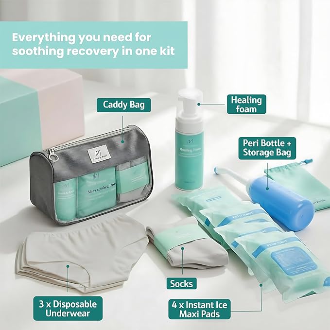 Mama & Wish® Postpartum Essentials Kit – Labor and Delivery Essentials for Moms After Birth – Postpartum Recovery Kit Includes Peri Bottle, Witch Hazel, Comfy Garments & More