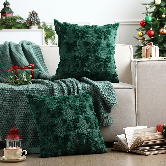 Mixweer Green Bow Pillow Covers Set of 2 Preppy Room Decor Coquette Cute Spring Summer Decorative Faux Fur Soft Bowknot Stuff Fluffy Plush Aesthetic Pillowcase for Bed Sofa Couch (18 x 18 Inch)