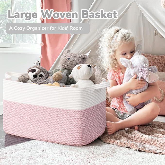 Goodpick Large Woven Rope Blanket Basket, Rectangle, White & Pink | 21.6'' x 14.9'' x 11.8'' Storage Basket for Baby Toys & Kids Essentials, Nursery & Bedroom Organization, Reinforced Handles