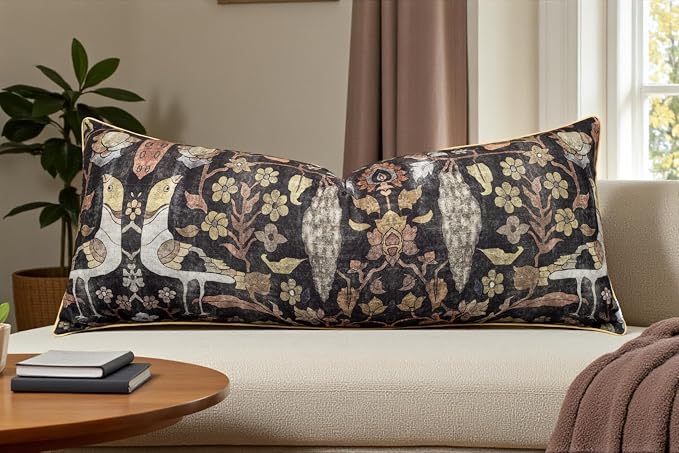 Bird Floral Print 14x36 Extra Long Lumbar Pillow Cover, Charcoal | Folk-art birds and blooms on charcoal slub, muted gold piping; both sides printed; hidde; cover only