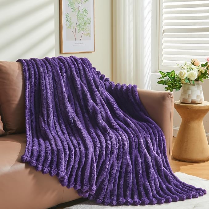 NEWCOSPLAY Fleece Ribbed Cozy Throw Blanket for Couch, Purple, 50"x60" | Premium Silky Flannel Blanket, Soft Lightweight Fluffy Throw Blanket for Bed Sofa Decor, Gift for All Season Use