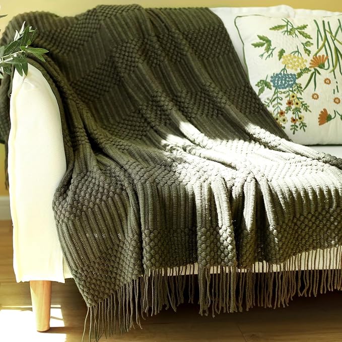Blagic Soft Knitted Throw Blanket for Couch and Bed,Dark Green,60"x80" | Lightweight and Cozy,Farmhouse Boho Blanket with Tassel,Decorative for Living Room,Gifts for Adults,All Season Use