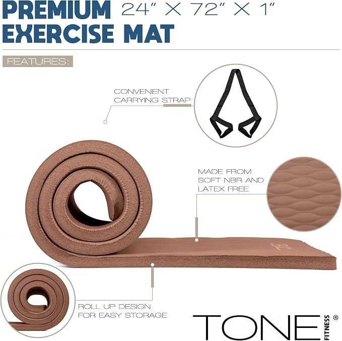 Tone Fitness 1-Inch Thick Yoga Mat | High-Density, Non-slip Exercise Mat with Carrying Strap for Yoga, Pilates, & Home Gym Workouts | Multiple Options