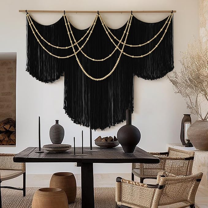 Macrame Wall Hanging Black Yarn Tapestry Boho Fiber Art Decor 57"W*43"L | Black Wall Hanging, Woven Fiber Art, Handmade Cotton Decor, Modern Boho Style, Statement Wall Accent, Handmade Craft