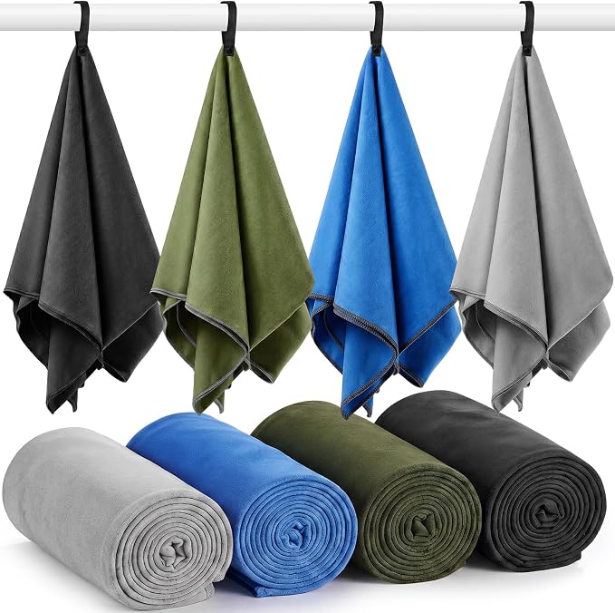Mixweer 4 Pack Gym Microfiber Bath Towels 63"x32" Extra Large Shower Towel Lightweight Oversized Fast Drying Bathtowel for Gym Sports Travel Camping(Royal Blue, Military Green, Dark Gray, Medium Gray)