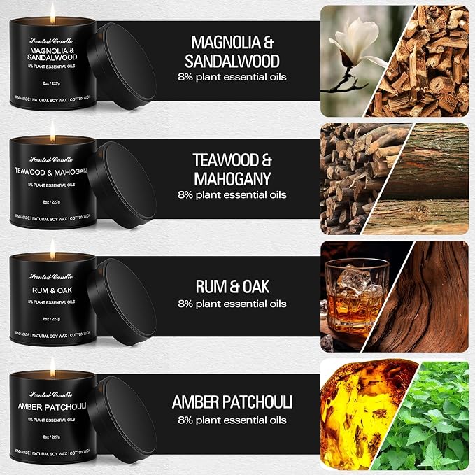4 Pack 8OZ Scented Candles for Men - Candles Gifts for Men, Soy Wax, Cotton Wick, Birthday, Christmas, Anniversary Present, Valentine